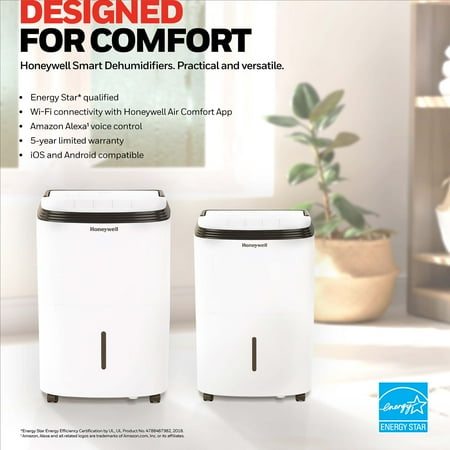Honeywell - Smart WiFi Energy Star Dehumidifier for Basements & Rooms Up to 3000 Sq.Ft. with Alexa Voice Control & Anti-Spill Design - White