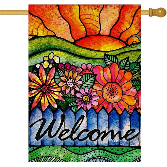 Home Decorative Welcome Spring Summer House Flag, Sunshine Watercolor Flowers Garden Yard Abstract Floral Outside Decorations, Sunrise Fall Farmhouse Outdoor Large Decor Double Sided 28 x 40