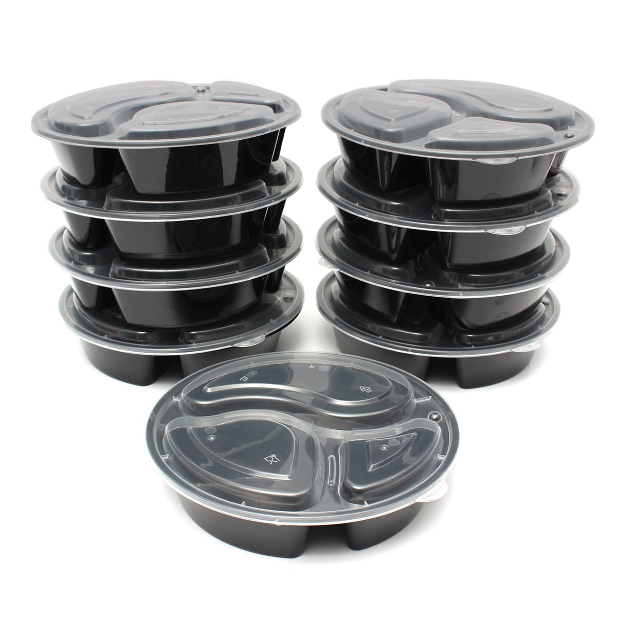 10Pcs 3 Compartment Round Meal Prep Container Food Storage Bos Lid