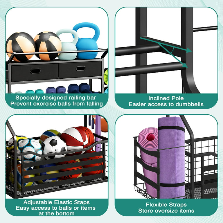 Arlifo Yoga Mat Storage Rack Basket Workout Equipment Home Gym Storage Rack  with Wheels Yoga Mat Holder Exercise & Fitness Organizer for Dumbbell