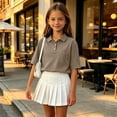 thumbnail image 6 of Girl's Short Sleeve Polo Shirt Button Soild Color School Uniform Shirt Light Brown 150, 6 of 6