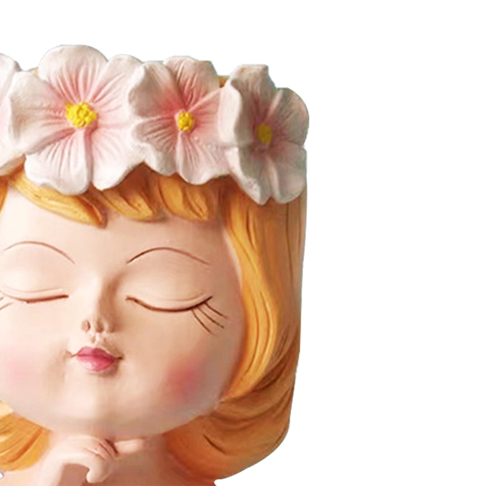 Pot De Fleur Tête Fille En Résine - Pot Déco Bureau, Salon, Avec Trou De Drainage Et Pattes Antidérapantes