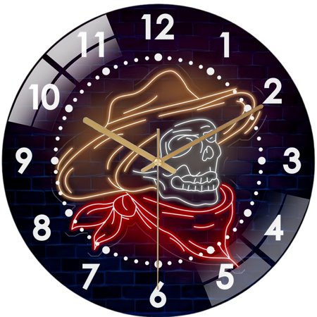 Decorative Clocks: Cowboy Skeleton Glass Wall Clock– Grim Reaper Art, Hallo-ween Decor, Horror House Wall Clock for Haunted House & Party Decor for Homes, Bars, Offices, Man Caves, Garages,