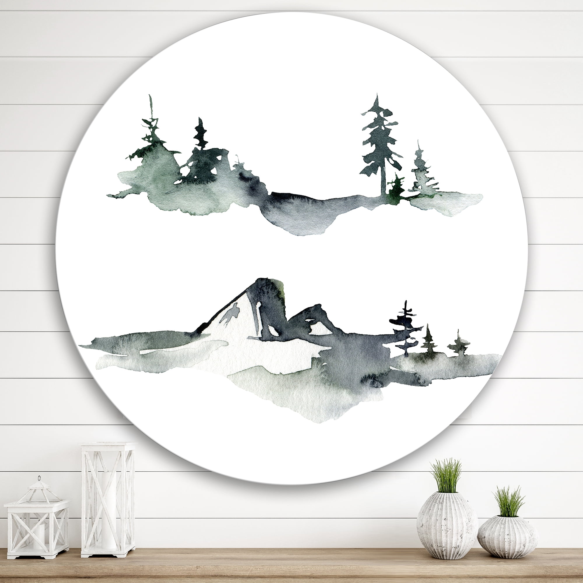 Designart 'Trees With Winter Dark Blue Mountain Landscape I' Modern Circle Metal Wall Art 29x29 - Disc of 29