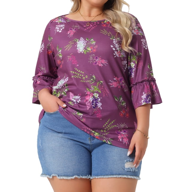GRACE & GRANDEUR Camisas de trabajo casuales elegantes para mujeres de talla grande con cuello barco y mangas de volantes de 3/4, blusas florales 4X moradas