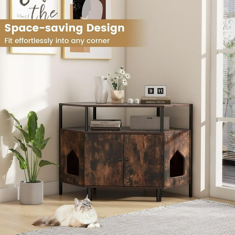 Corner Cat Litter Box Enclosure Litter Box Corner Cabinet with 2 Entrances Open Shelf and Double Doors Industrial Modern Style Hidden Litter Box Furniture for Cat Kitty Rustic Brown Walmart