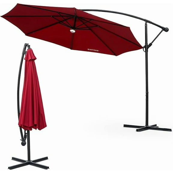 10 FT Patio Offset Hanging Umbrella Solar LED Light Adjustable Cantilever Outdoor Market Umbrellas for Backyard, Poolside, Lawn and Garden