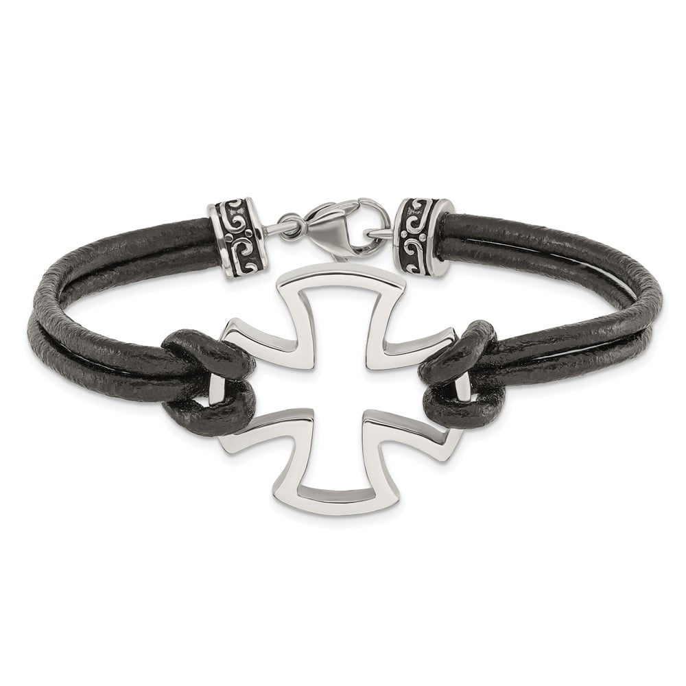 Diamond2Deal Stainless Steel Antiqued and Polished Cross Black Leather Bracelet for Men 8.25"