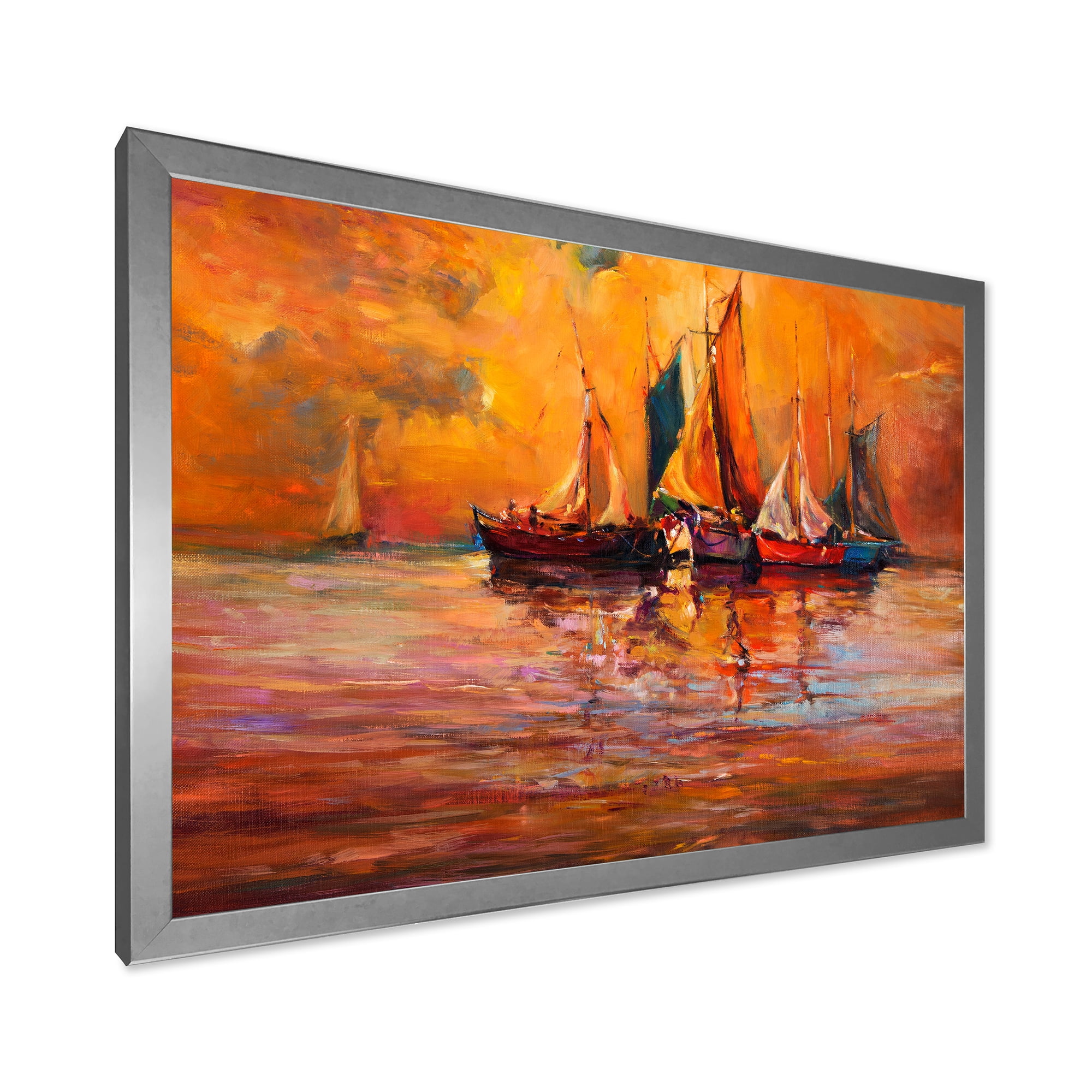 Boats During Evening Sunset In The Ocean I 32 in x 16 in Framed Painting Canvas Art Print, by Designart