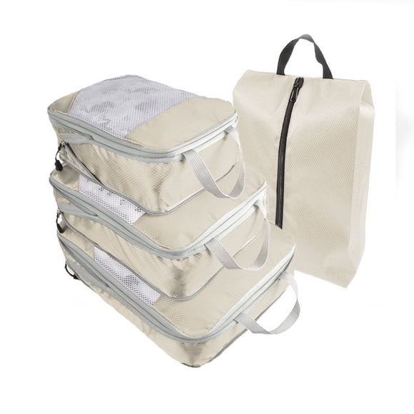 Xiao Hua Juego de 4 cubos de compresión para guardar ropa, ropa interior y zapatos (beige). Bolsa de viaje portátil para guardar equipaje, bolsa de malla expandible.