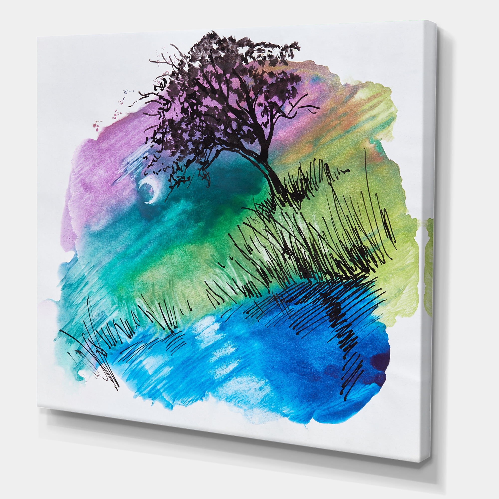 Designart ' Rainbow Silhouette Of Tree On The Riverbank At Night ' Modern Canvas Wall Art Print