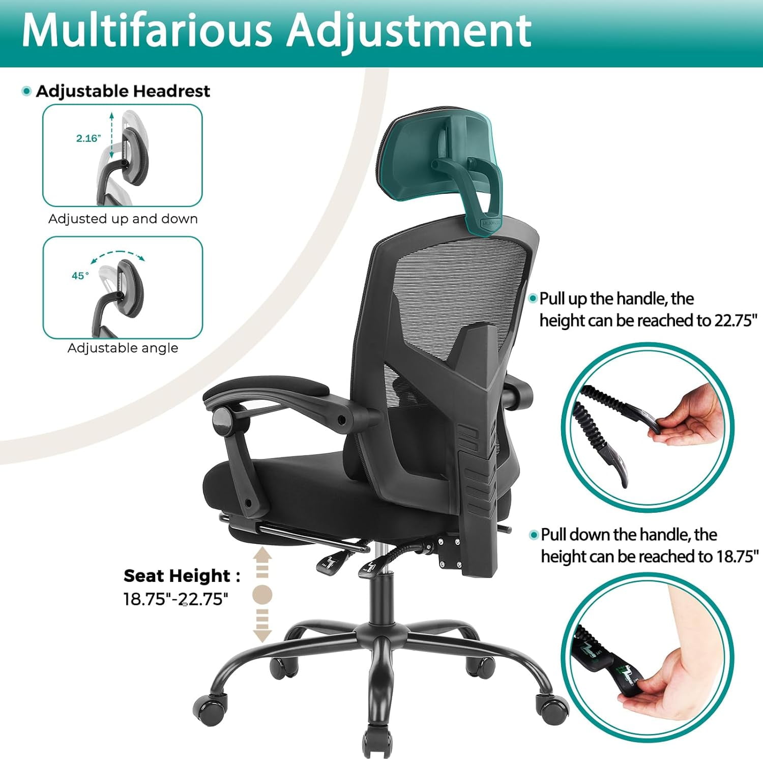 Atilioo Ergonomic Office Chair with Footrest, High-Back Mesh Swivel Chair with Adjustable Lumbar Support, Headrest & Wheels, Rolling Recliner for Home Office, Gaming, Study, Black