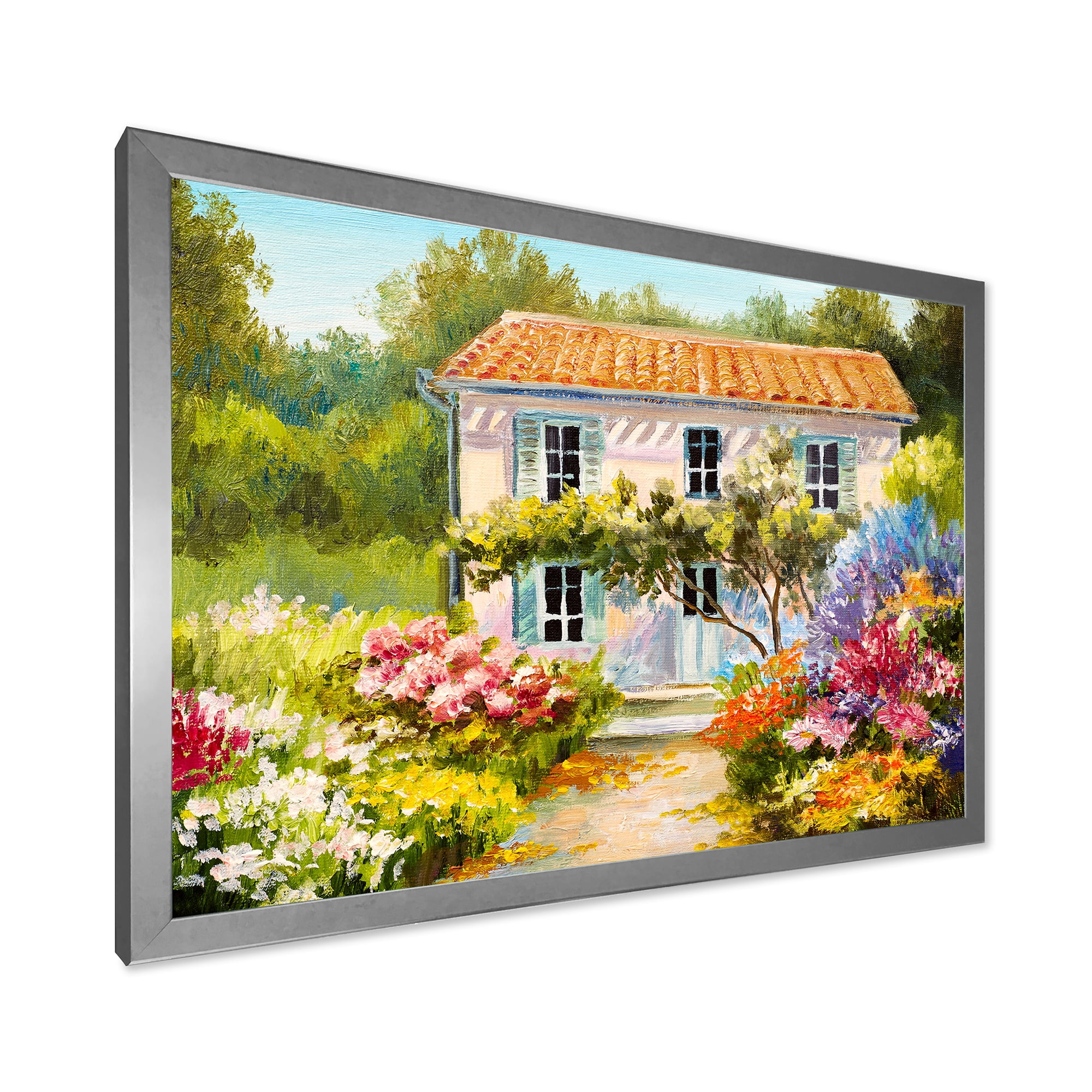 Designart 'The Mountain With Flowers With Little House II' Traditional Framed Art Print