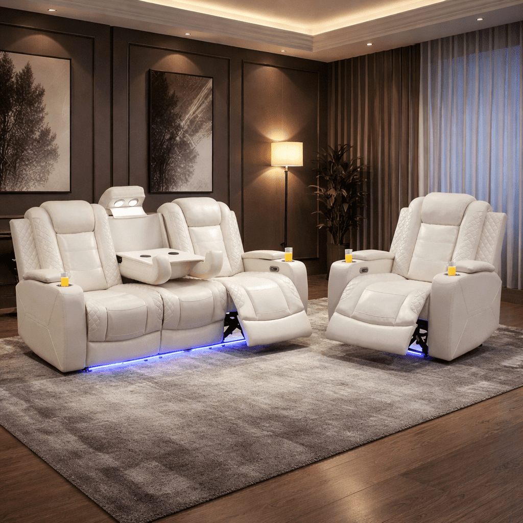 Gewnee 3-Seat Power Adjustable Sofa with 1 Recliner, Console, Cup Holders & LED Lights, Air Leather, Adjustable Recline, for Living Room,Beige