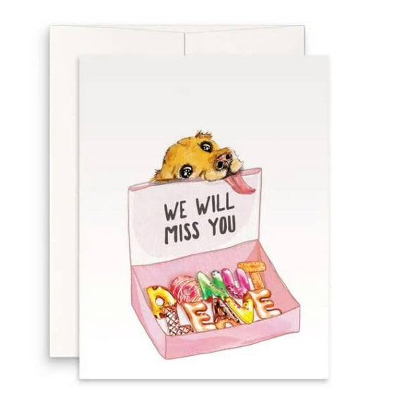 We Will Miss You Greeting Card - Cute Dog Design with Donut Lettering - Envelope Included, Blank Inside - Perfect Farewell Card for Friends, Colleagues, or Loved Ones