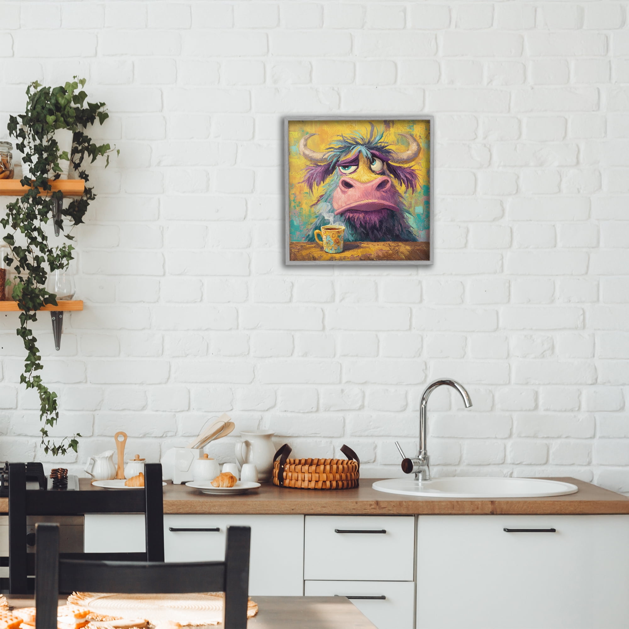 Stupell Industries Grumpy Cow & Mug Gray Framed Giclee Art, design by The Wands Want