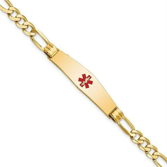 Primal Gold 14 Karat Yellow Gold Medical Soft Diamond Shape Red Enamel Figaro ID Bracelet