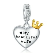 AMUEFER 925 Sterling Silver Charm for Women Bracelets Necklace My Beautiful Wife Crown Dangle Charm Women Bracelet Charm