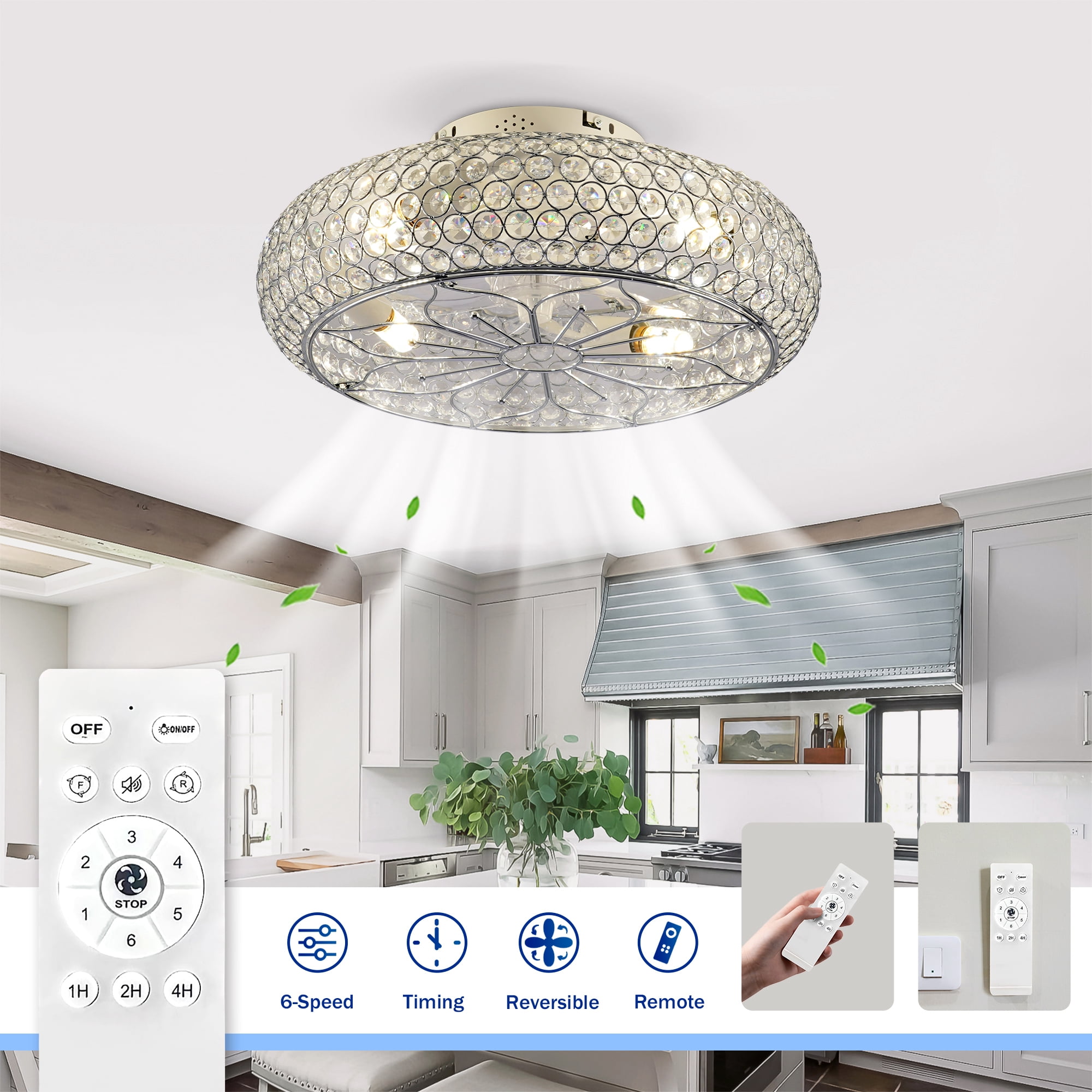 Leumius 20" Crystal Ceiling Fans with Light and Remote Control, Chandelier Fan 6 Speed DC Motor Reversible Ceiling Fan for Living Room Bedroom (NOT Included Bulbs)