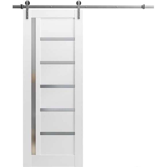 SARTODOORS Sliding Barn Door 32 x 84 with Stainless Steel 6.6ft Hardware | Quadro 4088 White Silk- Frosted Opaque Glass | Top Mount Rail Hangers Sturdy Silver Set | Lite Wooden Solid Panel Interior