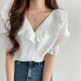 thumbnail image 3 of Blusa de verano con volantes y cuello en V, manga corta abullonada, elegante y transpirable, informal, para fiestas, oficina y viajes., 3 of 8
