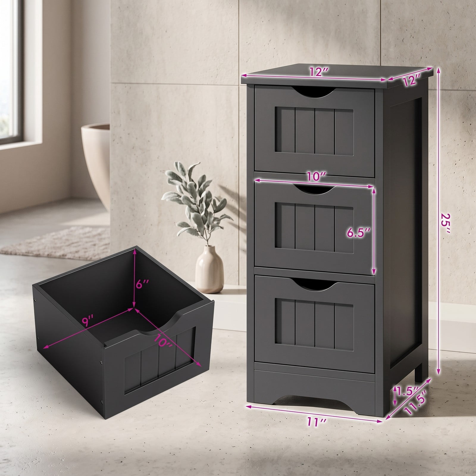 Fenbeli Bathroom Floor Storage Cabinet with 3 Drawers, Freestanding Slim MDF Organizer Tower for Small Bathroom Bedroom, Space-Saving Nightstand Side End Table, Black