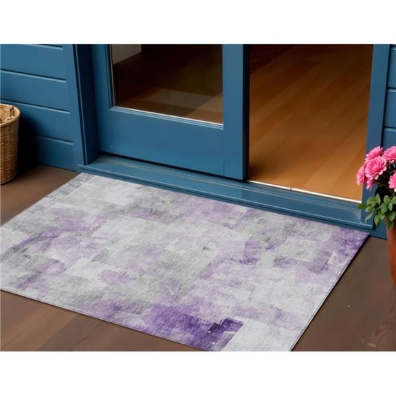 HomeRoots 616873 3 x 5 ft. Lavender Gray & Ivory Abstract Washable Indoor & Outdoor Rectangle Area Rug