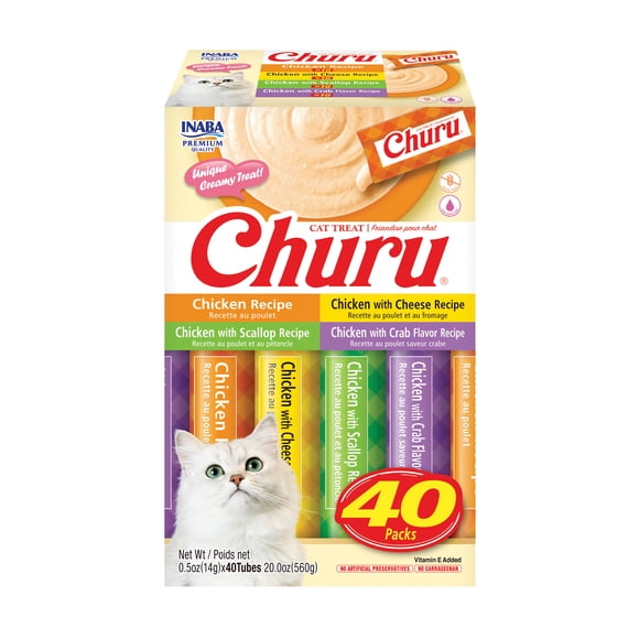 INABA Churu Cat Treats, Grain-Free Lickable Creamy Purée with Vitamin E, Chicken Variety Box, 40 Tubes