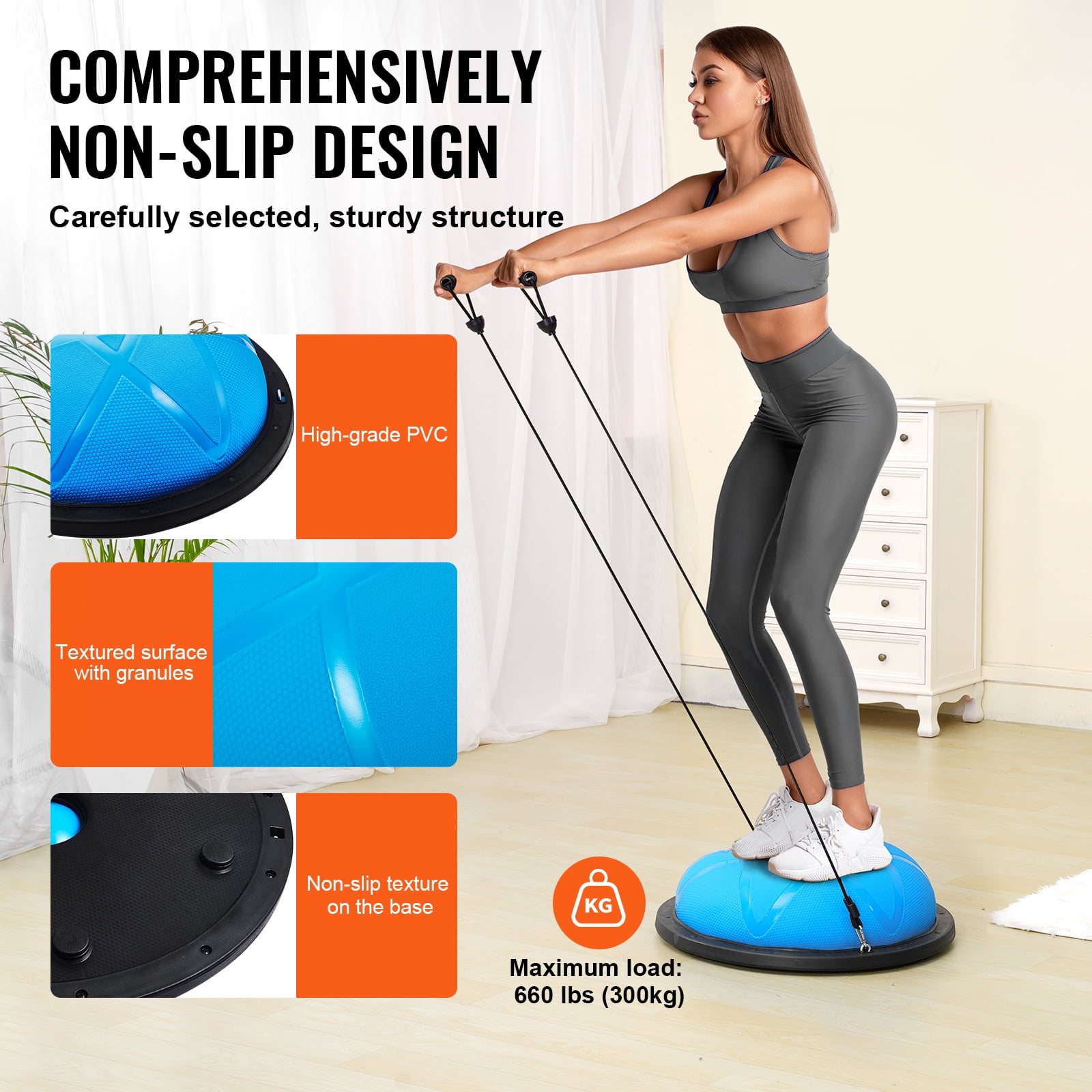 KFFKFF Half Workout Sphere, 23-inch Equilibrium Sphere, Supports 660 lbs, Yoga Sphere with Resistance Straps and Inflator, Strength Training Sphere for Domestic Gym, Comprehensive Body Exercises