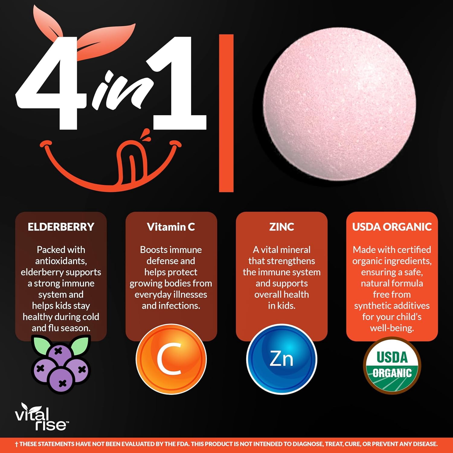 Vital Rise Organic Kids Immune Support Chewable Tablets, Sugar-Free Grape Flavor, Vitamin C, Vitamin D3, Zinc & Elderberry, USDA Organic, Vegan Supplement for Kids Ages 4+