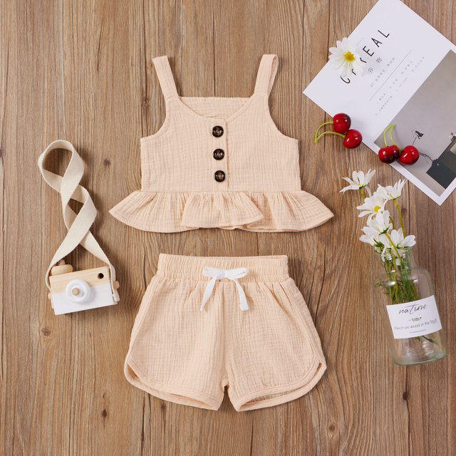 DPTALR Toddler Kids Baby Girls Summer Four-color Suspender Top And Shorts Clothes Set