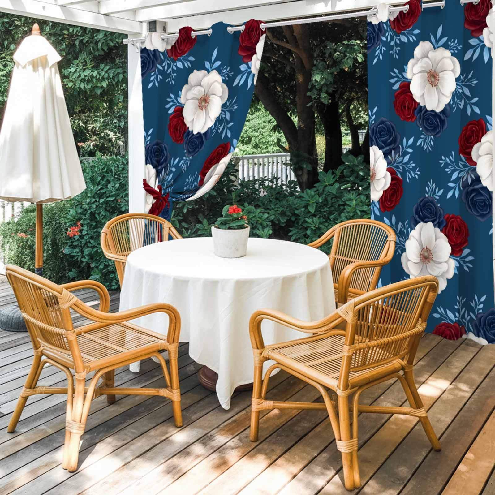 Independence Day Outdoor Curtains for Patio, Red Blue White Roses Floral Leaf Blue Sunshade Privacy Drapes Grommet Waterproof Outside Curtains for Porch/Cabana/Balcony 54"x 95", 1 Panel