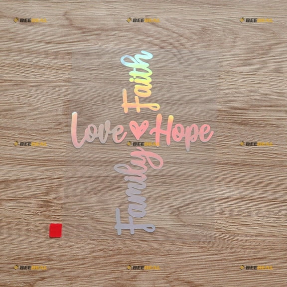 Faith Family Love Hope Jesus Cross Heart Sticker Decal Vinyl - Holographic Iridescent 6 Inches - No Background Die Cut for Car Boat Laptop