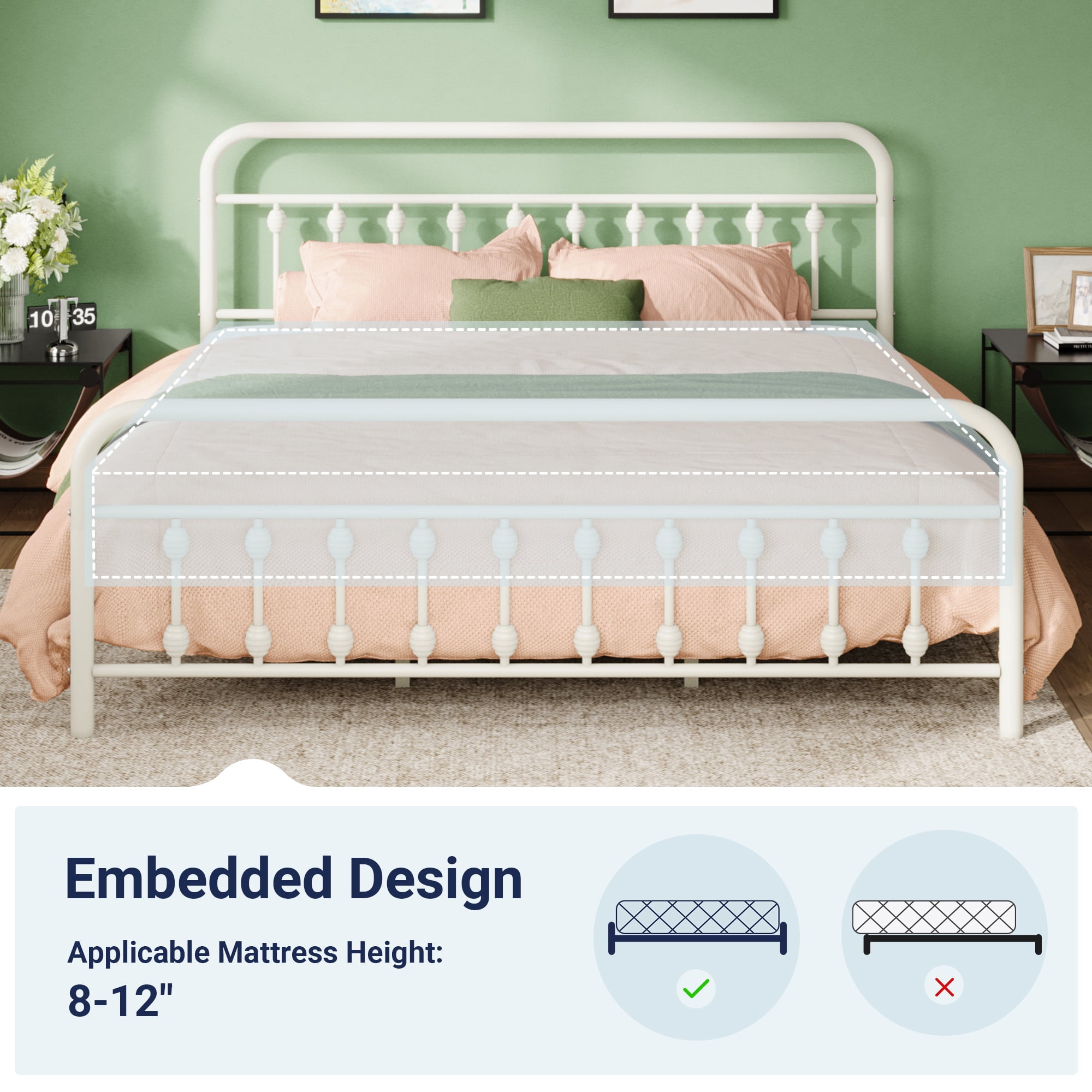 Allewie King Metal Platform Bed Frame with Vintage Pattern Headboard/Footboard, No Box Spring Needed, White