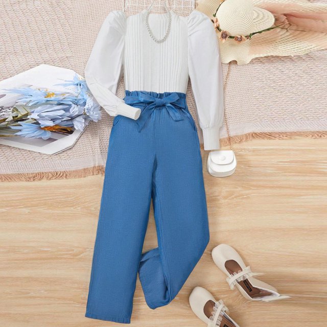 REDARER Girls' Solid Color Casual Long Sleeve Crew Neck Top & Tie Waist Blue Wide Leg Relaxed Fit Two-Piece Outfit,5-6 Years