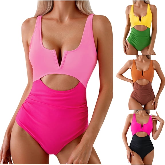 TAGOLD Womens OnePiece Bikini Set Color V Neck Backless Ruffled Sleeveless Stretchy Monokini For Swimsuit