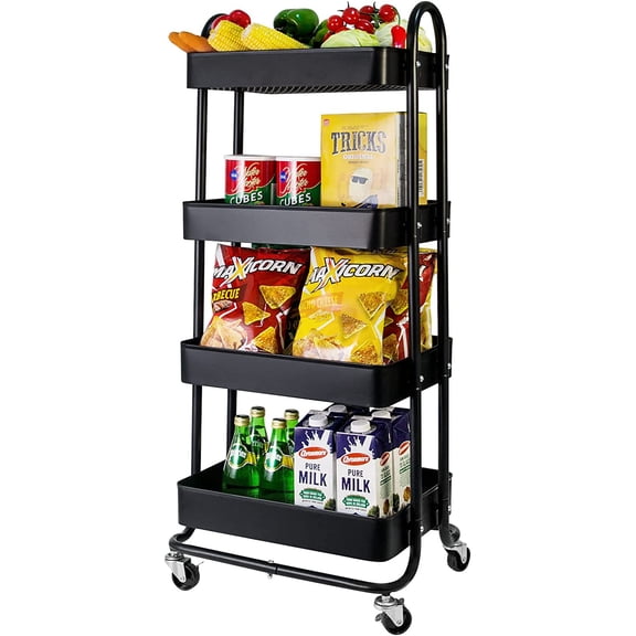 4-Tier Metal Mesh Utility Rolling Cart, Storage Organizer Trolley Services Cart with Lockable Wheels for Kitchen, Bathroom, Living Room (Black)