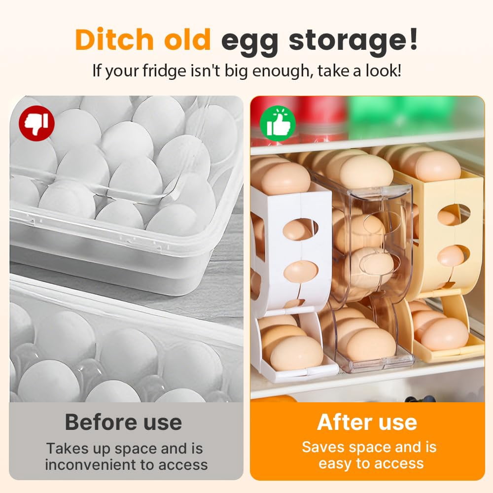 Auto Rolling Egg Holder for Fridge, 4-Tier Egg Dispenser Organizer Holds 28 Eggs, No Assembly Space-Saving Egg Storage Rack for Refrigerator & Countertop