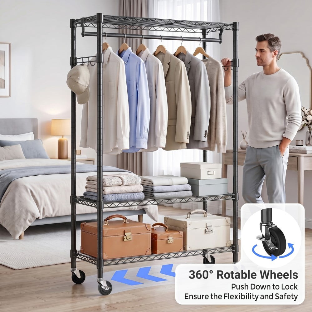 Heavy Duty Rolling Garment Rack, 3-Tier Adjustable Wire Shelving Clothes Rack with Hanging Rod, Side Hooks & Lockable Wheels, Black