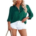 thumbnail image 3 of Women Button Down Satin Shirts  Long Sleeve Lapel Solid Color Relaxed Fit Office Work Blouse, 3 of 5