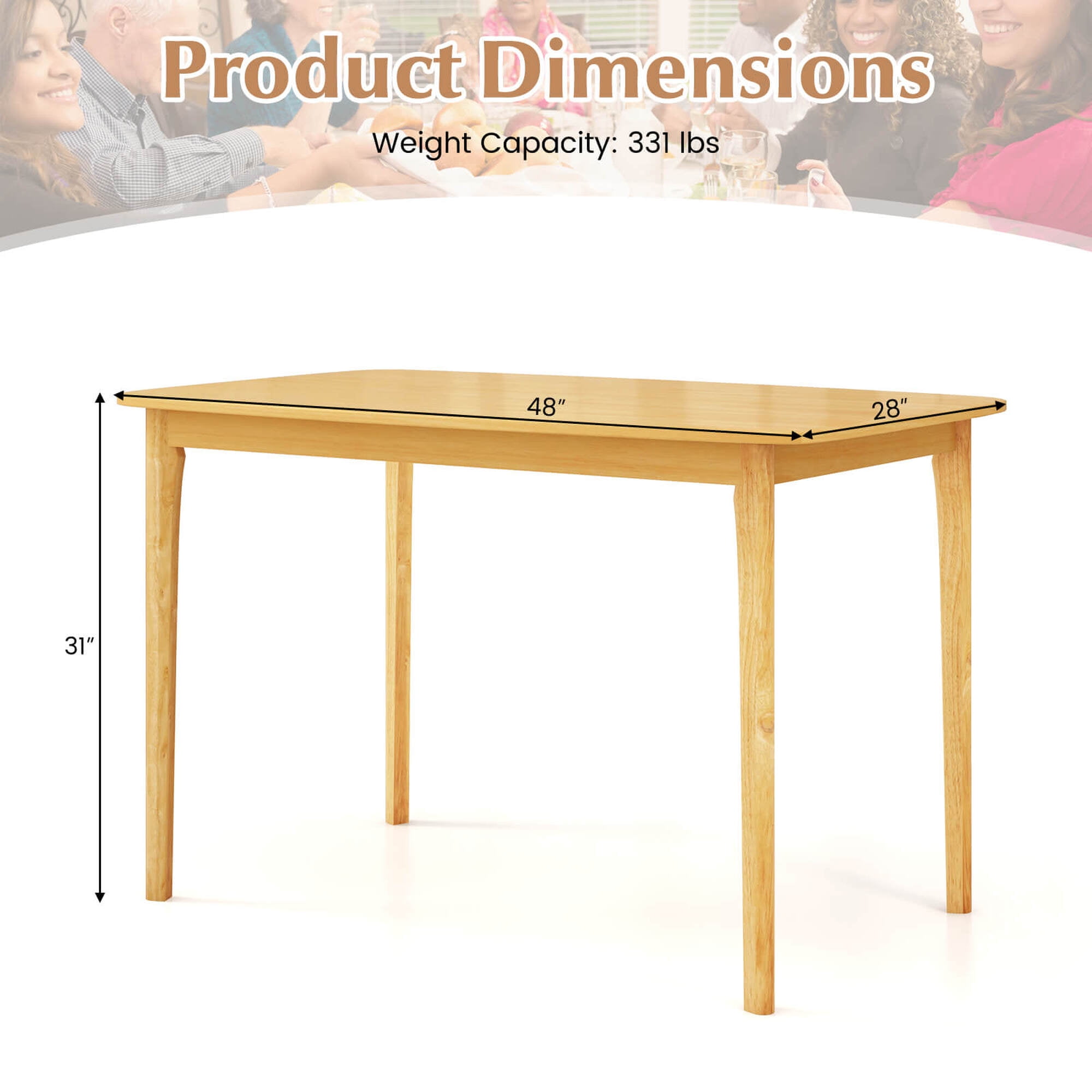 Costway 48'' Wooden Dining Table Rectangular Farmhouse Kitchen with Solid Rubber Wood Legs Natural