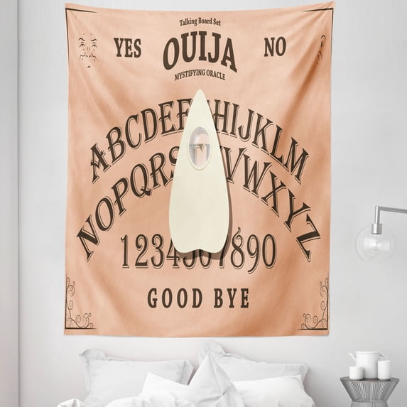 Ouija Board Tapestry, Playing Ouija with Magnifying Glass on Scribbled Letters Background, Fabric Wall Hanging Decor for Bedroom Living Room Dorm, 5 Sizes, Peach Ivory and Brown, by Ambesonne