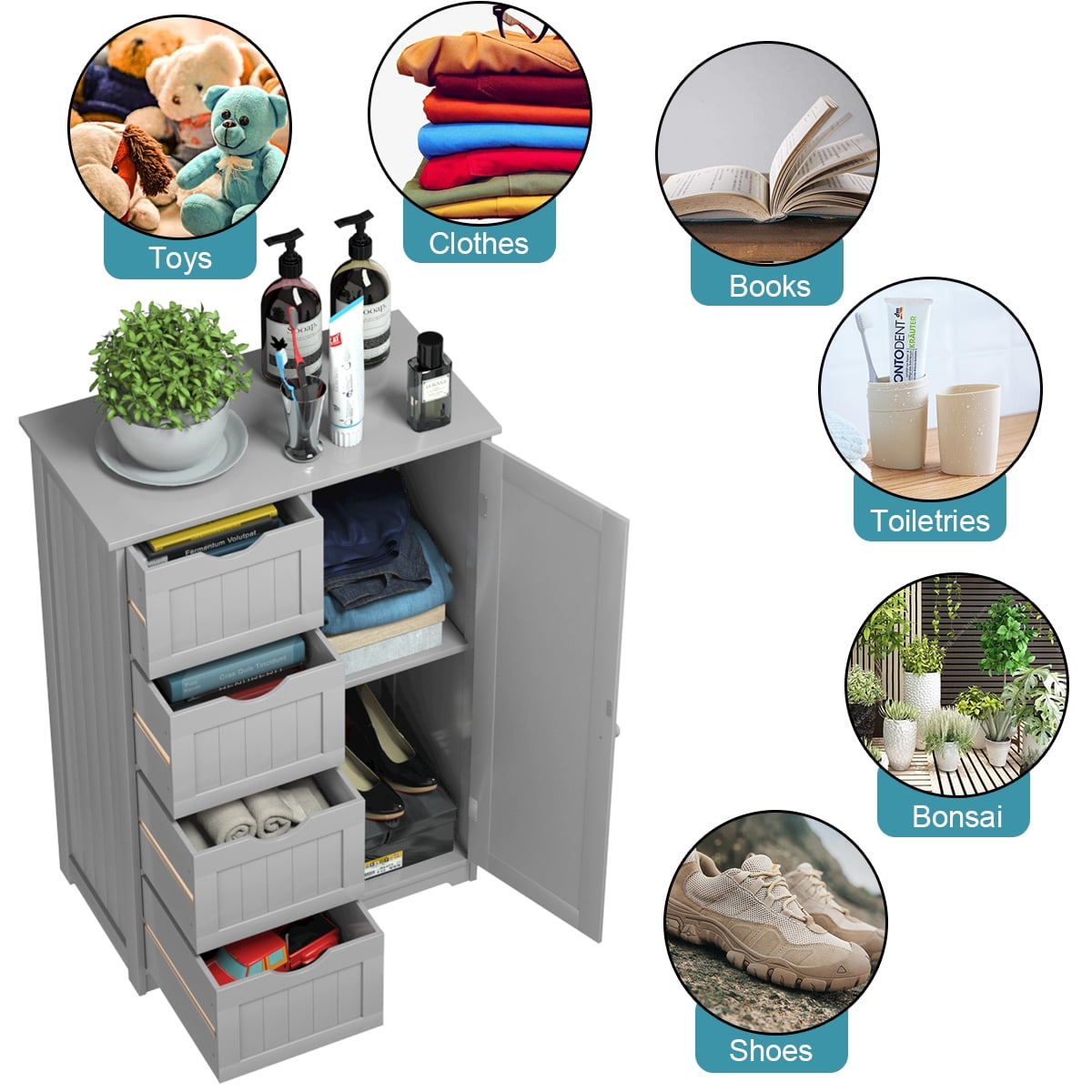 Giantex Bathroom Floor Cabinet Wooden with 1 Door & 4 Drawer, Free Standing Wooden Entryway Cupboard Spacesaver Storage Cabinet (Gray)