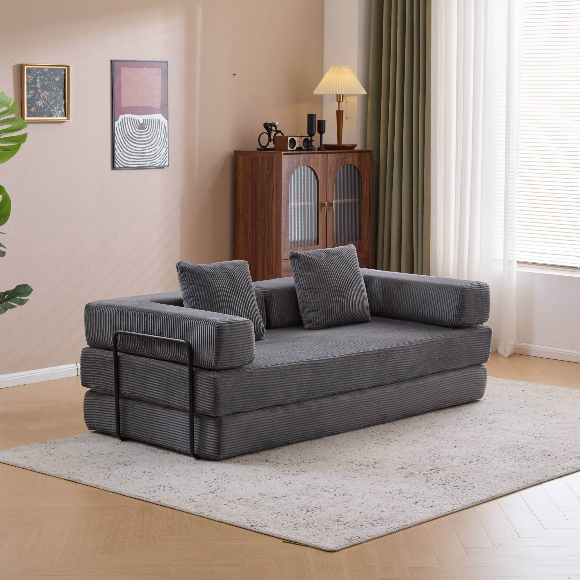 Convertible Sofa Bed, 78 Inch Oversized Corduroy Boneless Couch, Floor Mattress Sleeper Sofa Couch with Pull Out Bed for Living Room, Bedroom, Grey