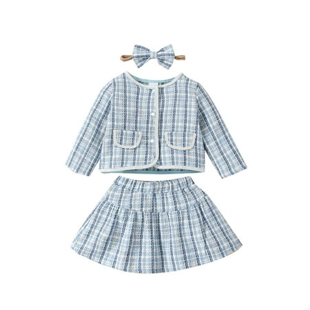 

Suanret 3Pcs Infant Toddler Plaid Outfits Baby Girls Long Sleeve Round Neck Cardigan Mini Skirt Bow Headband Blue 18-24 Months
