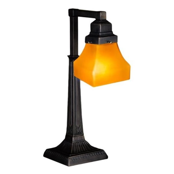 Meyda Tiffany 130167 20 Inch H Bungalow Frosted Amber Desk Lamp   Mahogany Bronze Finish with White Alabaster Swirl Glass