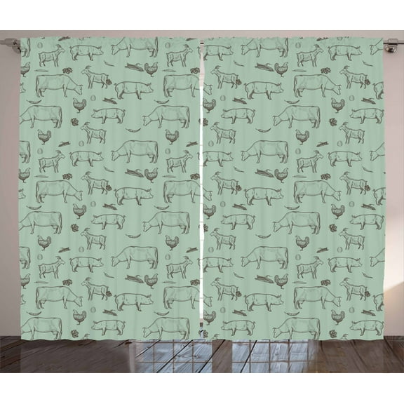 Ambesonne Cattle Curtains 2 Panel Set, Domestic Farm Silhouette, 108" x 63", Brown and Almond Green
