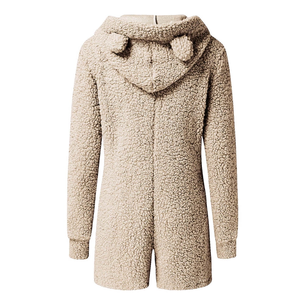 VNVNE Womens Cartoon Bear Onesise Sleepwear Cute Fuzzy Warm Sherpa Fleece Hooded Romper Short Jumpsuit Playsuit 