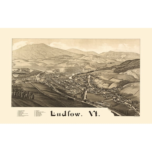 Historic Panoramic View - Ludlow Vermont - Burleigh 1885 - Vintage Wall Art