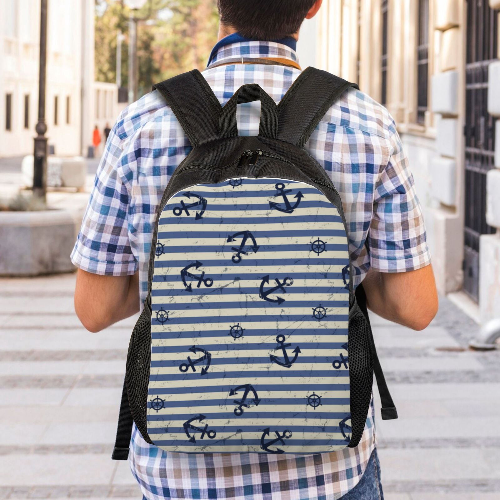 Xecao Anchors And Steering Wheel Print School Backpack with Laptop Compartment Small Travel Laptop Backpack for Women Men Waterproof College Backpack Simple School Bag